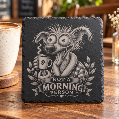 Glasunderlägg i skiffer med gravyr – Not a Morning Person, 4-pack