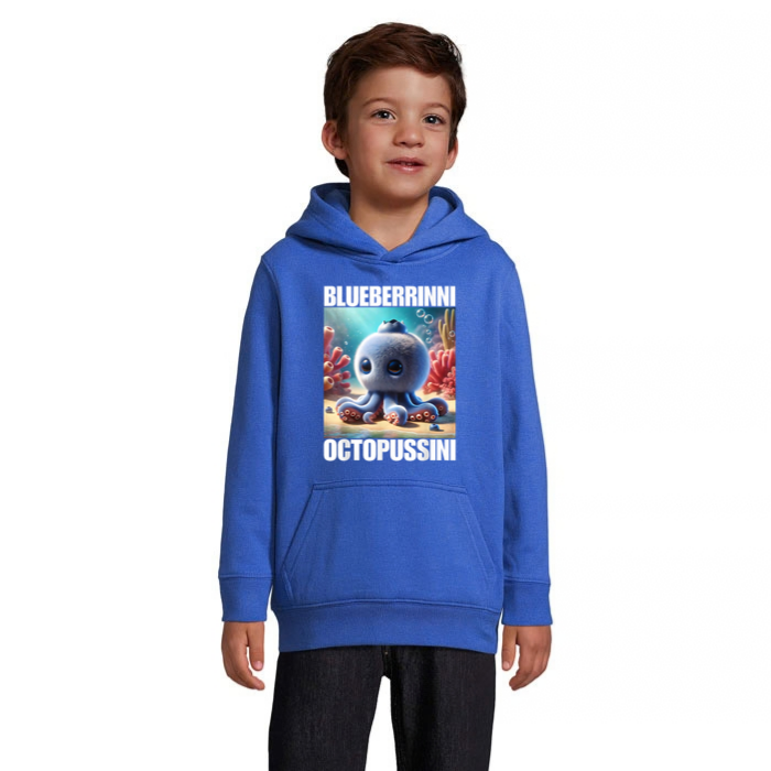 Blueberrinni Octopussini barnhoodie med färgstarkt bläckfiskmotiv framtill