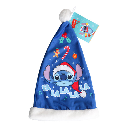 En blå tomteluva för barn med ett glatt motiv av Stitch i tomteluva och en vit boll i toppen.
