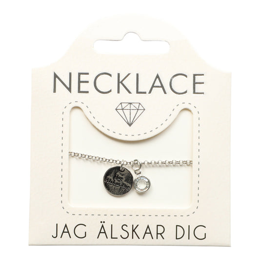 Elegant kopparpläterat halsband med gladdetaljer och budskapet Jag älskar dig.