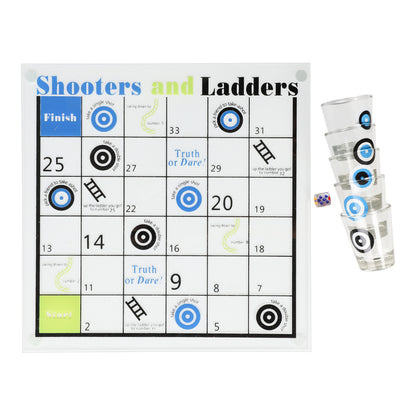 Snakes and Ladders festspel med spelbräde, fem unika shotglas och tärning.