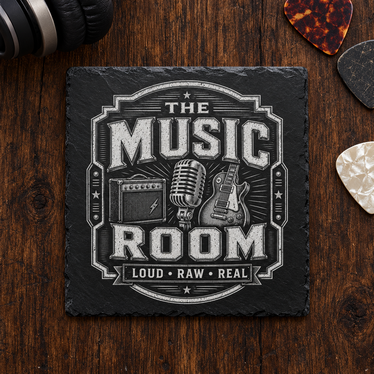 Glasunderlägg i skiffer med graverad gitarr, mikrofon, förstärkare och texten The Music Room – Loud Raw Real.