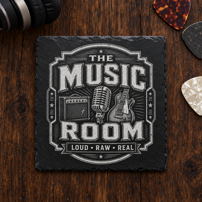 Glasunderlägg i skiffer med graverad gitarr, mikrofon, förstärkare och texten The Music Room – Loud Raw Real.