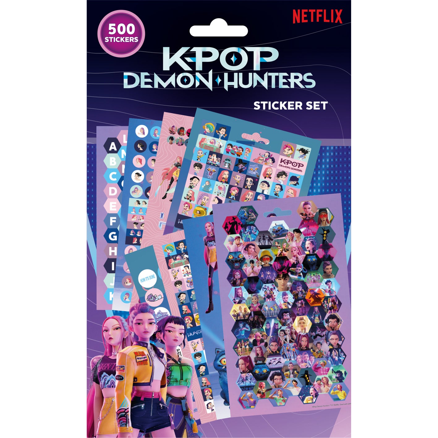 Ett öppet och färgglatt klistermärkeshäfte fyllt med trendiga stickers i modern K-pop-stil.