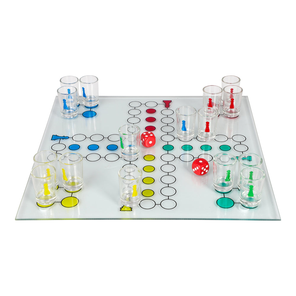 Fia med knuff med shotglas – festspel med spelbräde och fyra set färgkodade shotglas.
