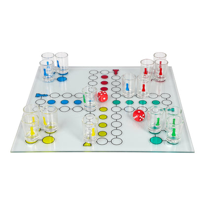 Fia med knuff med shotglas – festspel med spelbräde och fyra set färgkodade shotglas.
