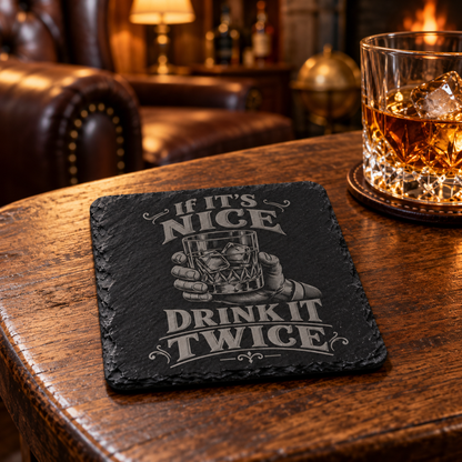 Glasunderlägg i skiffer med gravyr – Drink It Twice, 4-pack