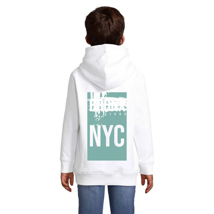 Bronx NYC barnhoodie – stort ryggtryck i turkost och vitt