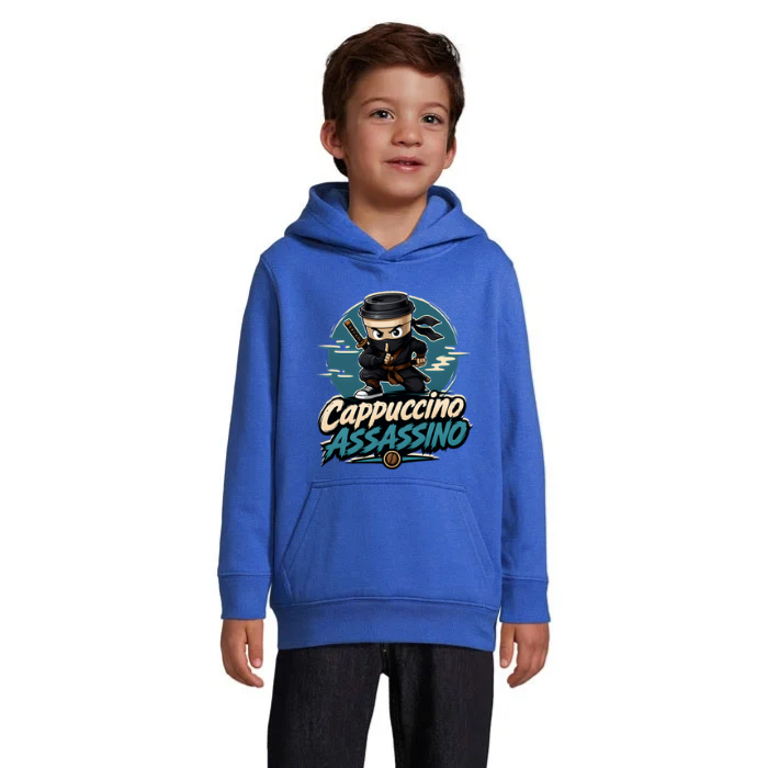 Cappuccino Assassino Ninja barnhoodie med stort tryck framtill