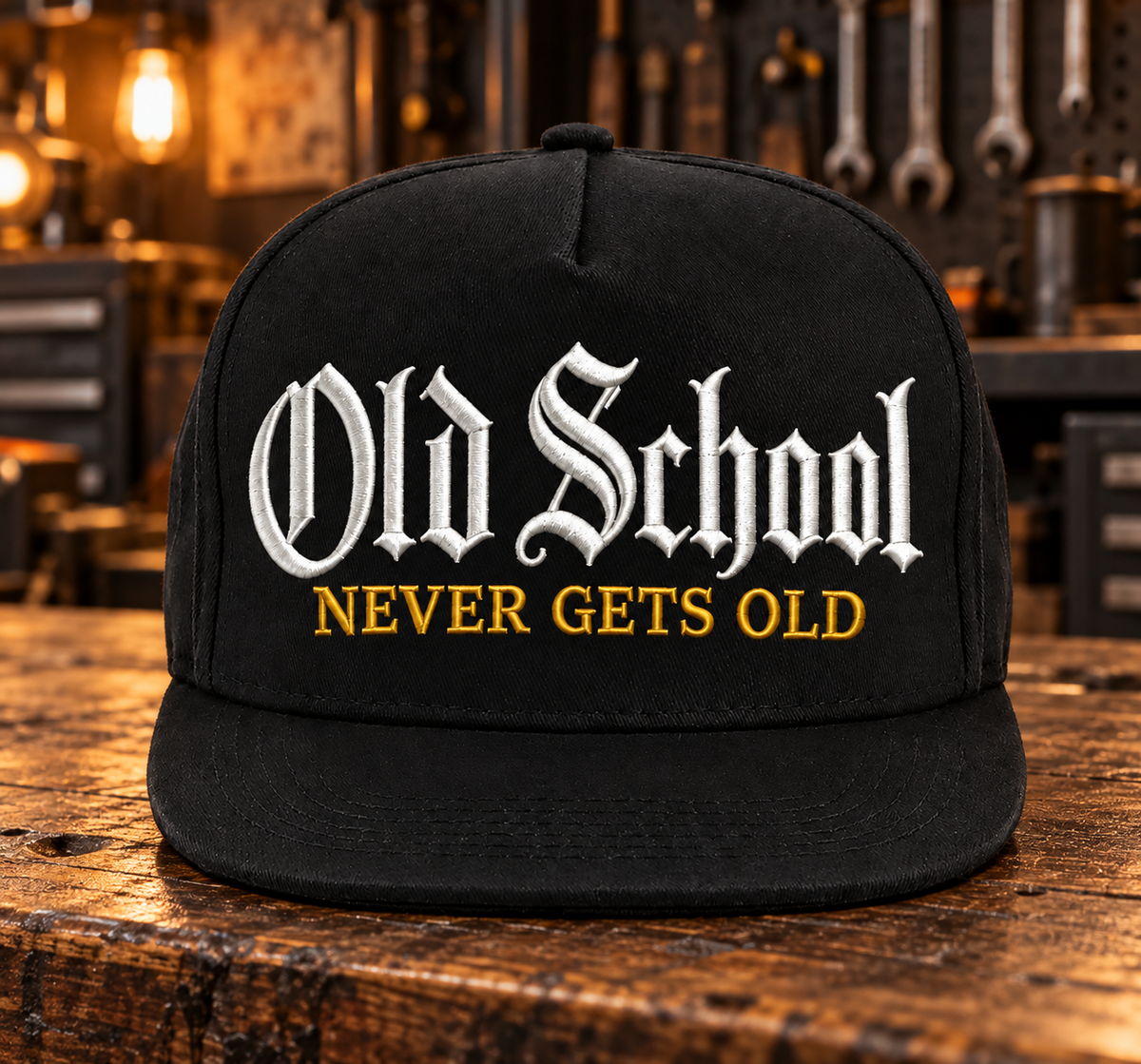 Old School-keps – svart snapback med brodyr