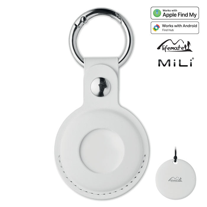 Framsida av vit MiLi Lifemate Life Tag Duo smart tracker i PU-fodral med silverfärgad nyckelring, med märkning för Apple Find My och Google Find Hub.