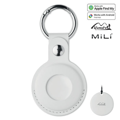Framsida av vit MiLi Lifemate Life Tag Duo smart tracker i PU-fodral med silverfärgad nyckelring, med märkning för Apple Find My och Google Find Hub.