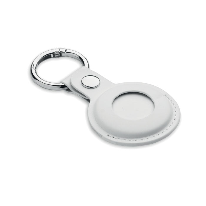 Vit MiLi Lifemate Life Tag Duo smart tracker i vitt PU-fodral med silverfärgad nyckelring, sedd snett framifrån.