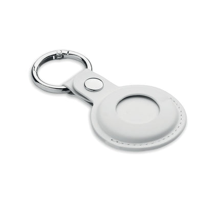 Vit MiLi Lifemate Life Tag Duo smart tracker i vitt PU-fodral med silverfärgad nyckelring, sedd snett framifrån.