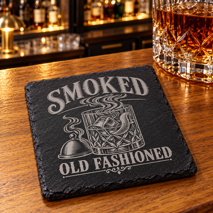 Glasunderlägg i skiffer med gravyr – Smoked Old Fashioned, 4-pack
