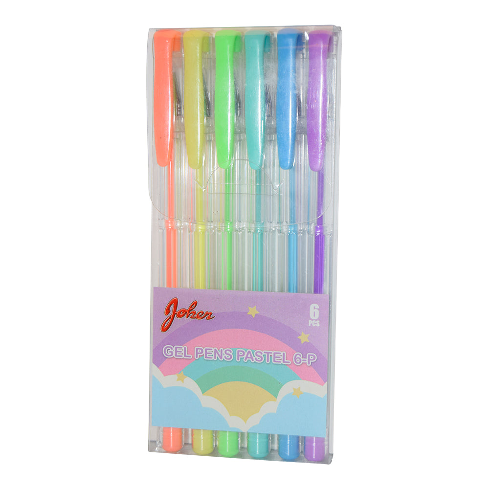 Färgglada gelépennor i ett praktiskt 6-pack med pastellfärger för barn.