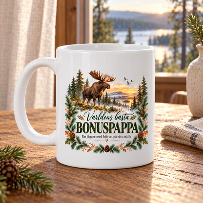 Mugg Världens bästa bonuspappa – Jaktmotiv med älg