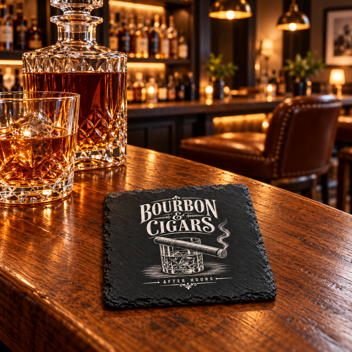 Glasunderlägg i skiffer med gravyr – Bourbon & Cigars, 4-pack