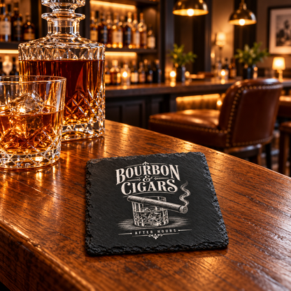 Glasunderlägg i skiffer med gravyr – Bourbon & Cigars, 4-pack