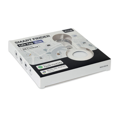 Förpackning med vit MiLi Lifemate Life Tag Duo smart tracker och PU-fodral, sedd snett ovanifrån, med märkning för Apple Find My och Android Find Hub.
