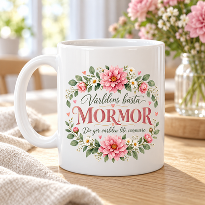 Mugg Världens bästa mormor – Rosa blommor