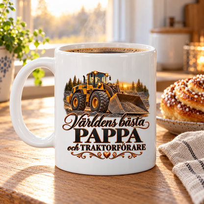 Mugg Världens bästa pappa och traktorförare – Hjullastarmotiv 325ml