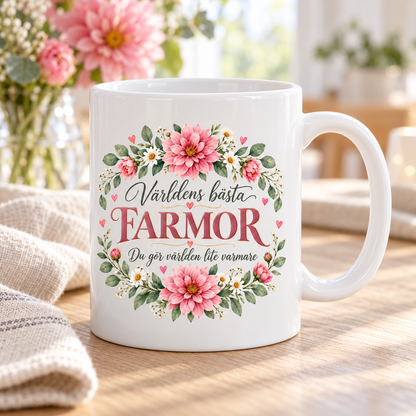 Mugg Världens bästa farmor – Rosa blommor