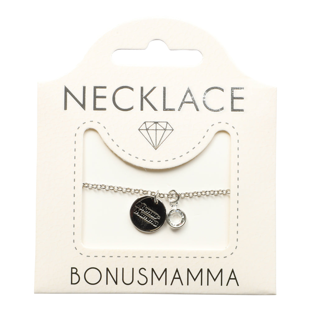 Elegant kopparpläterat halsband med texten Bonusmamma bakom glas.