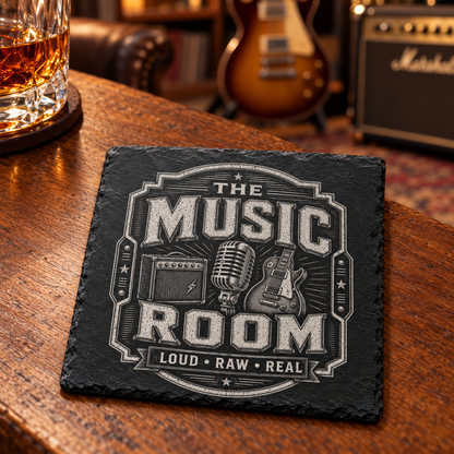 Glasunderlägg i skiffer med gravyr – The Music Room, 4-pack