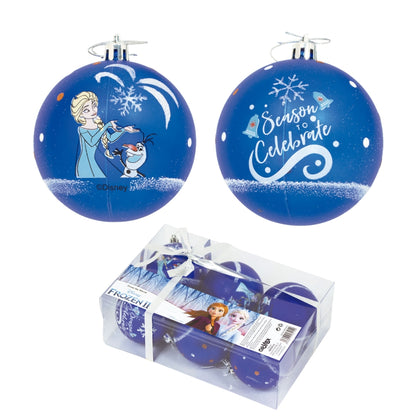 Ett vackert sexpack med julkulor i plast med stämningsfulla motiv av Elsa och Anna från Frost 2 hängande i en julgran.