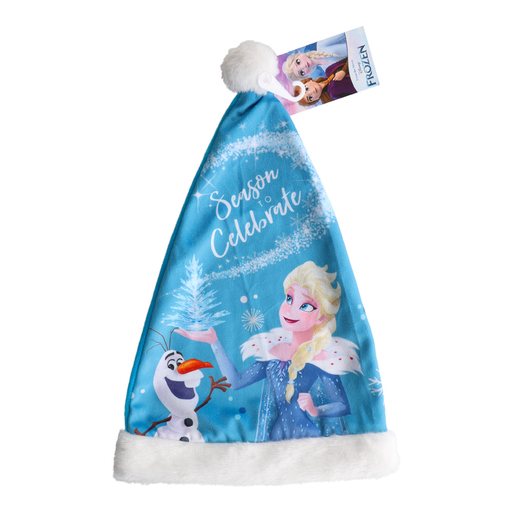 En blå och vit tomteluva för barn med ett glatt motiv av Elsa och Anna från Frost