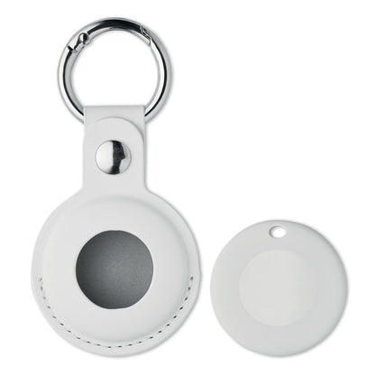 Framsida av vit MiLi Lifemate Life Tag Duo smart tracker bredvid vitt PU-fodral med rund öppning och silverfärgad nyckelring.