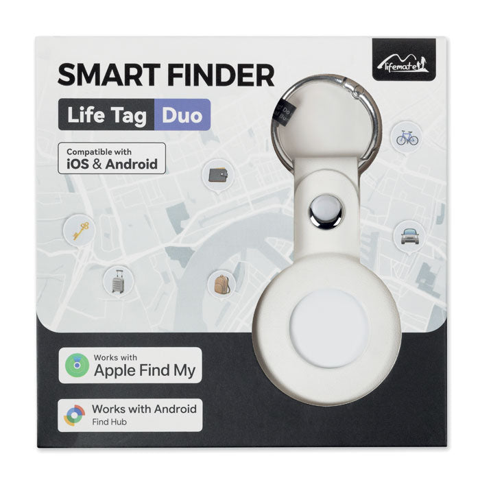 Vit MiLi Lifemate Life Tag Duo smart tracker med PU-fodral och nyckelring i förpackning märkt med Apple Find My och Android Find Hub.vit 