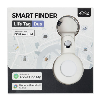 Vit MiLi Lifemate Life Tag Duo smart tracker med PU-fodral och nyckelring i förpackning märkt med Apple Find My och Android Find Hub.vit 