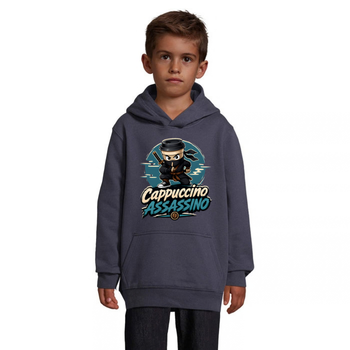 Cappuccino Assassino Ninja barnhoodie med stort tryck framtill
