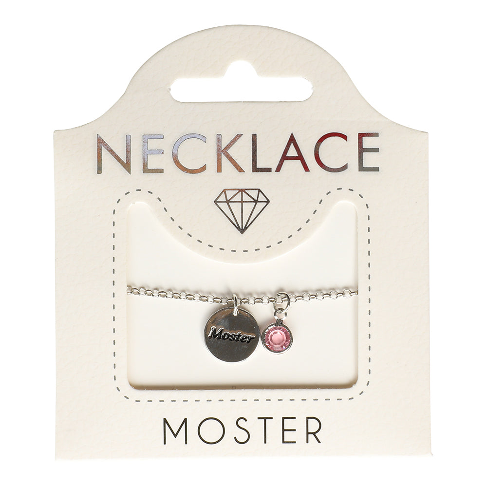 Elegant kopparpläterat halsband med texten Moster bakom glas.