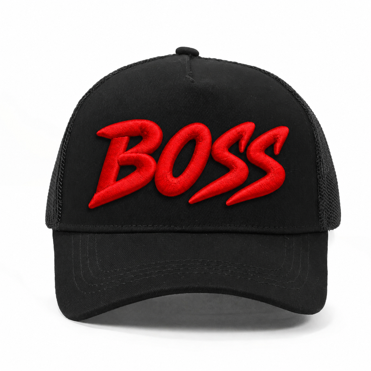 Boss barnkeps – svart truckerkeps med röd brodyr