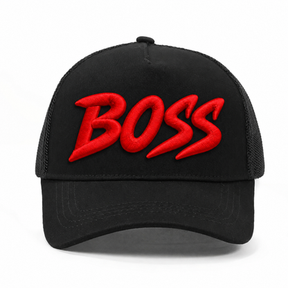 Boss barnkeps – svart truckerkeps med röd brodyr