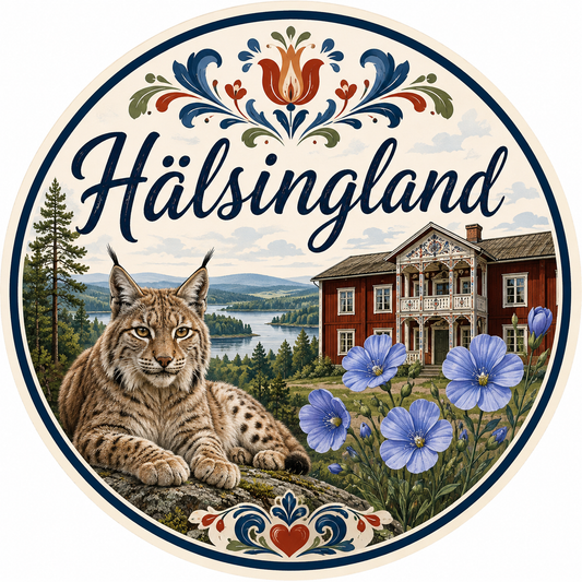 Hälsingland rund dekal – Lodjur, Hälsingegård & svensk natur