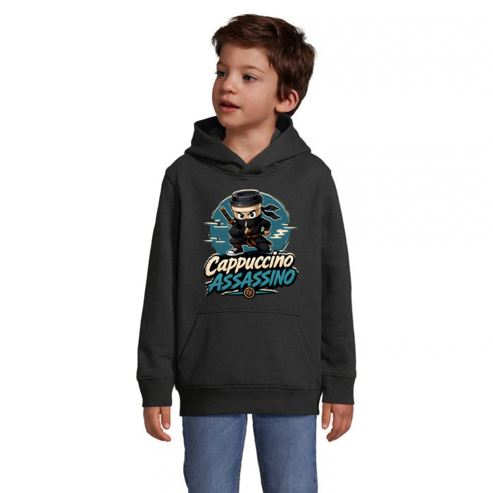 Cappuccino Assassino Ninja barnhoodie med stort tryck framtill