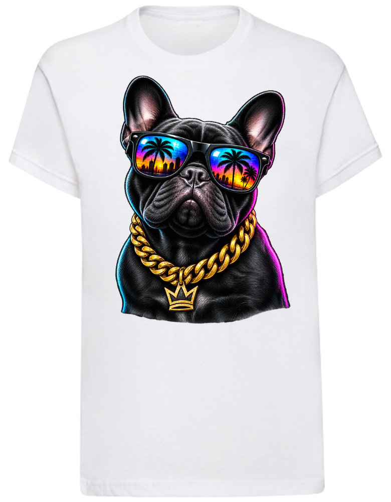 T-shirt med cool svart bulldog med färgglada solglasögon och guldkedja.