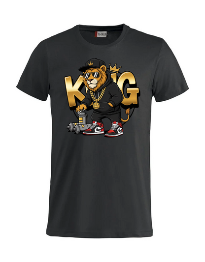 Grå King barn-T-shirt med lejon i hoodie, keps, solglasögon och guldfärgad kedja