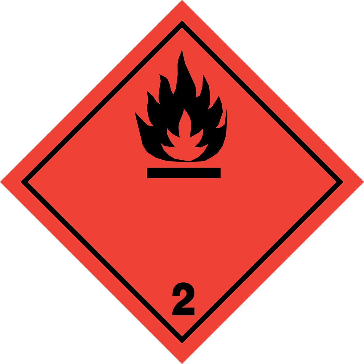 Farligt gods-dekal Klass 2.1 för brandfarliga gaser med röd bakgrund och svart eller vit symbol och text.