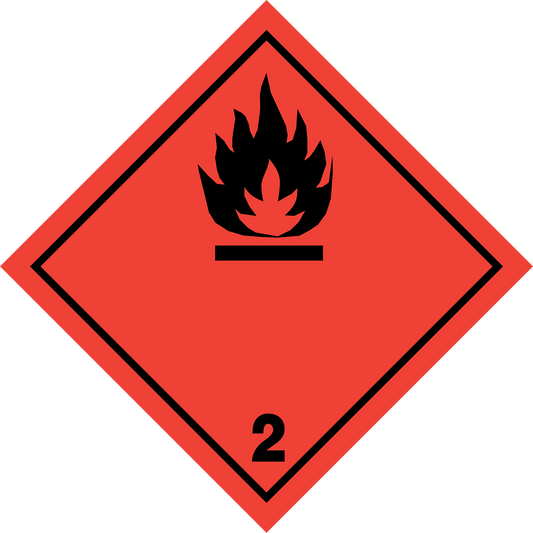 Farligt gods-dekal Klass 2.1 för brandfarliga gaser med röd bakgrund och svart eller vit symbol och text.