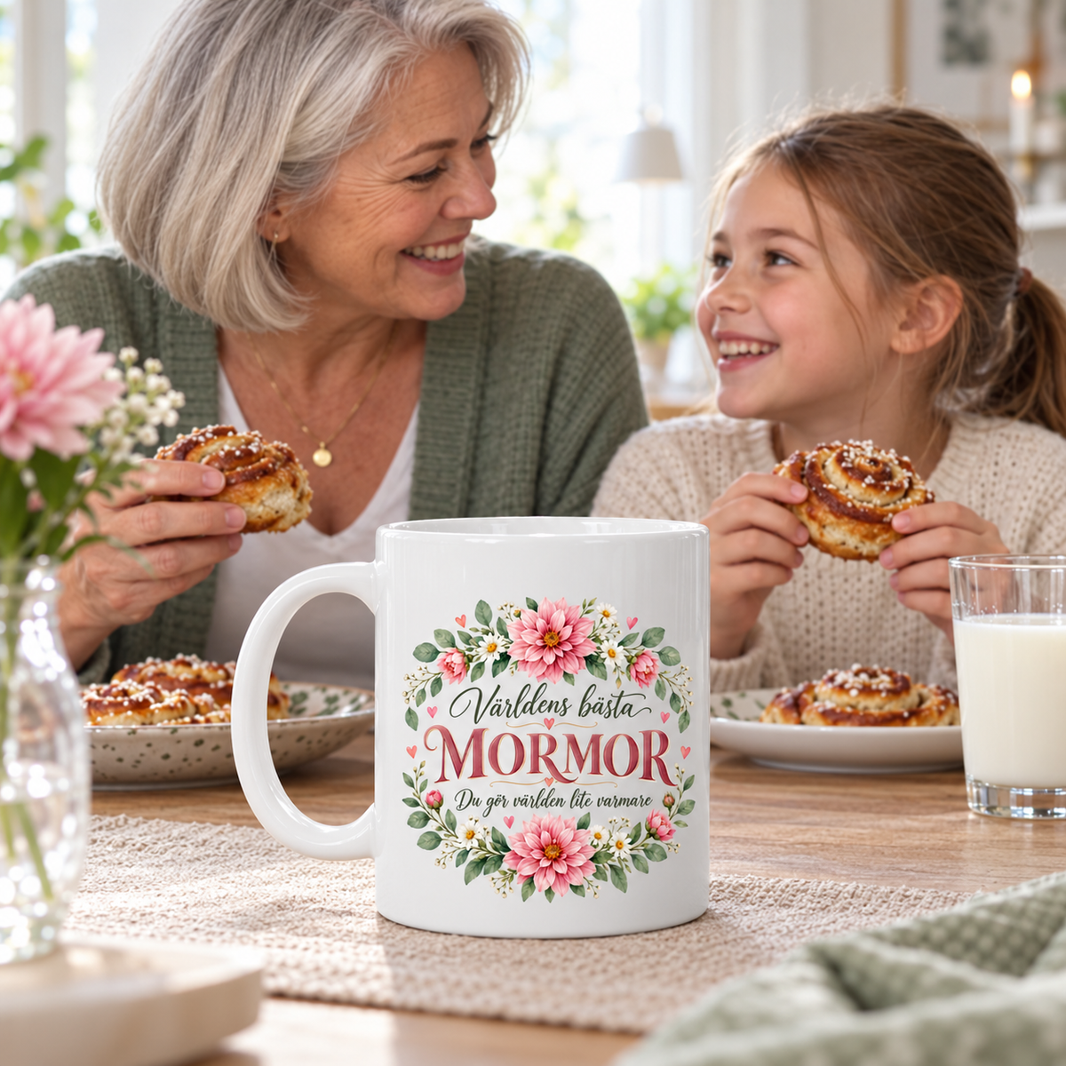 Mugg Världens bästa mormor – Rosa blommor